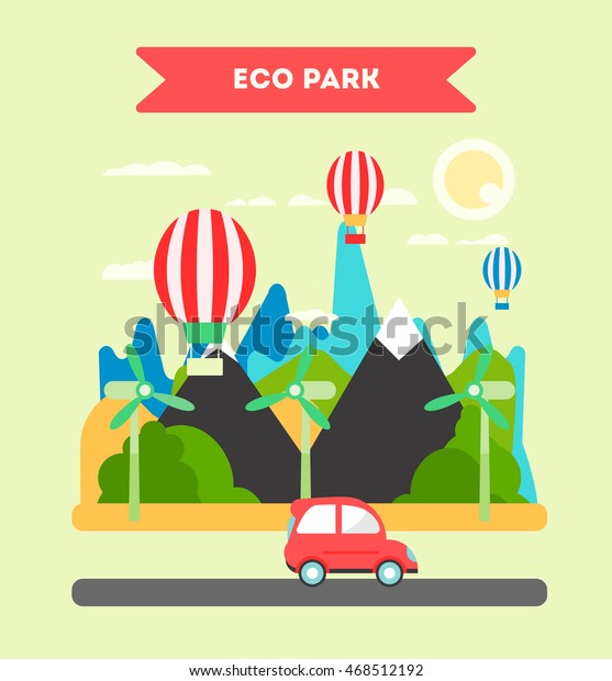 The landscape or the\
eco park concept with mountains, trees, air balloons and windmills\
in a back and car on a road ia front. Vector flat design. Cool cute\
illustration