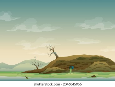 Landscape with ecological disaster. Trash emission to river water. Polluted earth. Contaminated land with dead trees, polluted environment. Ecology problem concept in flat style