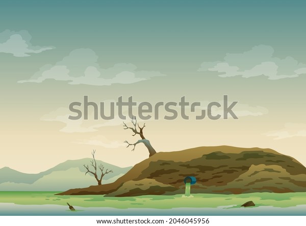 Landscape with\
ecological disaster. Trash emission to river water. Polluted earth.\
Contaminated land with dead trees, polluted environment. Ecology\
problem concept in flat\
style