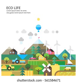 Paisaje con concepto de ecología. Ecosistema ambiental en las zonas rurales. Elemento de transporte y ecología de la naturaleza. Casa de campo y agricultura.