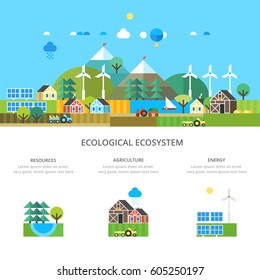 Landscape with ecology concept. Environmental ecosystem in rural areas. Nature ecology element. Farmhouse and agriculture.