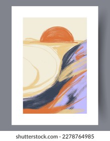 Landschaftsökologie, Solarmeer-Wandkunst. Wandbilder für Innenarchitektur. Zeitgenössischer dekorativer Hintergrund mit Ozean. Printable minimale abstrakte Ökologie-Poster.
