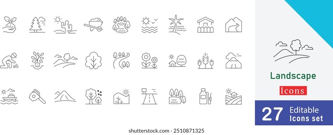 Landscape  editable Outline Icon Set. containing , mountains, trees, forest, hills, river, nature, sunrise, skyline and more stroke design