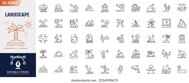 Landscape Editable Stroke Line Icon set. Containing Mountains, Mountains, Rivers, Camping, Pine Trees, Beach, Cliffs, Forests, Tranquil Views, Mountain Peaks. Vector Illustration