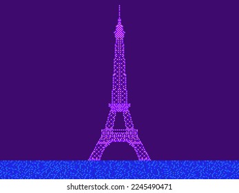 Landscape with Eiffel Tower in pixel art style. 8-bit Eiffel Towers retro video game style. Design for print, wrapping paper and promotional materials. Vector illustration