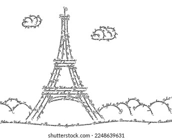 Landscape, Eiffel Tower. The shapes are filled with repeated popular French phrases: Paris, welcome, thank you, boutique, hello, bye, bon appetit, cafe, sorry, love, croissant, baguette and others.