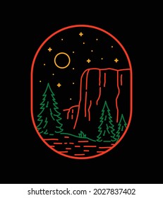 Paisaje del Parque Nacional Yosemite de El Capitan en arte monolínea, diseño de placa de parche, diseño de emblema, diseño de camiseta