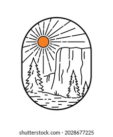 Paisaje del Parque Nacional Yosemite de El Capitan en arte monolínea, diseño de placa de parche, diseño de emblema, diseño de camiseta