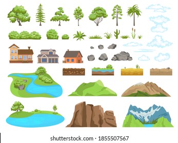 Landscape elements constructor. Natural compatible objects, mountain or cloud, soil types and stones. Collection of plants of temperate and tropical climates, shack or modern houses. Vector design set