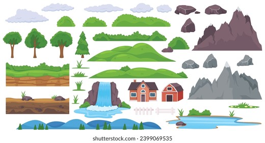 Landscape elements constructor. Natural objects of different geographical zones. Various trees or rocks. River waterfall. Scenic mountain and hills. Countryside house