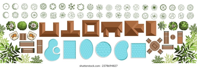 Landscape elements for master plans. Various trees, houses, pools, bushes, and furniture. Top view for the architectural plan. Vector illustration.