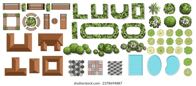 Landscape elements for master plans. Various trees, furniture, houses, pools, bushes, and tiles. Top view for the architectural plan. Vector illustration.