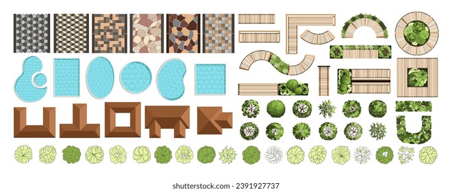 Landscape elements for master plans. Various trees, furniture, houses, pools, bushes, and tiles. Top view for the architectural plan. Vector illustration.