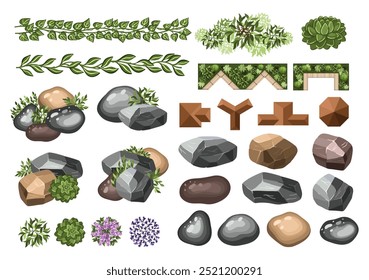 Elementos de paisagem para planos mestres. Várias árvores, móveis, casas, pedras e arbustos. Vista superior do plano de arquitetura. Ilustração vetorial.