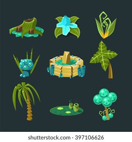 Landscape Elements Set For Video Game Creation In Fantasy Style Isolated Objects On Black Background