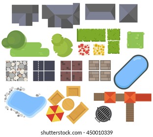 Landscape elements, top view. House, garden, tree, lake,swimming pools, bench, table. Landscaping symbols set isolated on white