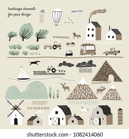 Landscape elements for your design. Scandinavian style. Mountain Europe. Agriculture. Landscape Designer.