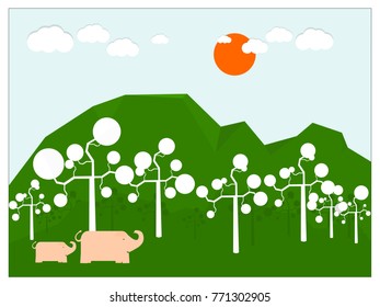Landscape elephant family,tree pattern,mountain and cloud on sky background with illustration vector 