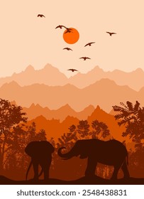 Landscape with elephants. hand drawing. Not AI Vector illustration.