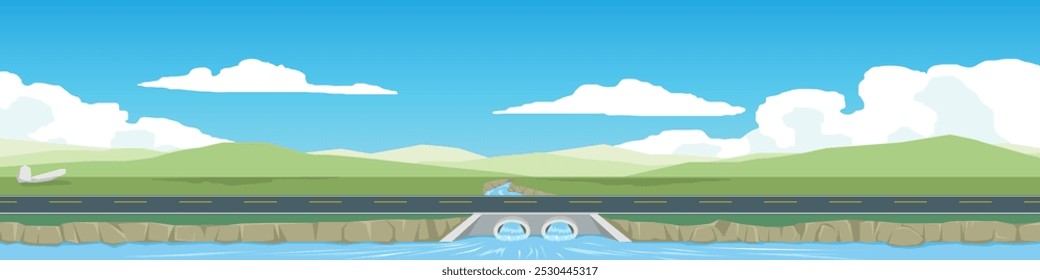 Landscape of empty asphalt road. Lush green hills stretch towards the horizon. Slopes gently descending to meet calm of water. Small dam or weir constructed of stone or concrete.