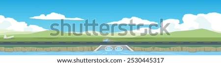 Landscape of empty asphalt road. Lush green hills stretch towards the horizon. Slopes gently descending to meet calm of water. Small dam or weir constructed of stone or concrete.