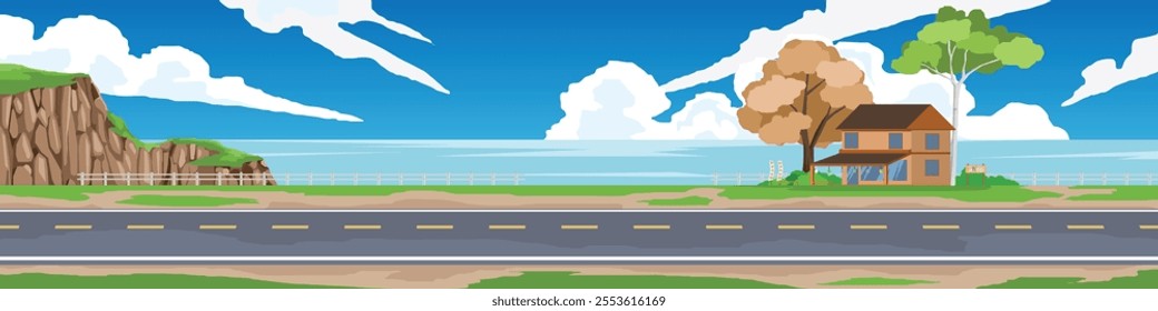 Landscape of empty asphalt road. ฺBackground is a shop by the sea under trees. Under the blue sky.