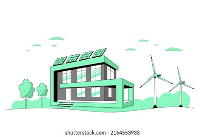 Landschaft mit energieeffizientem Haus, Solarzellen und Windturbinen. Grüne Energie. Eco House, Concept Banner Design. Vektorgrafik im Flachstil.