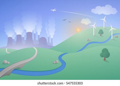 Landscape with Energy Production Theme - a simple and modern vector landscape with a power station and wind farm.