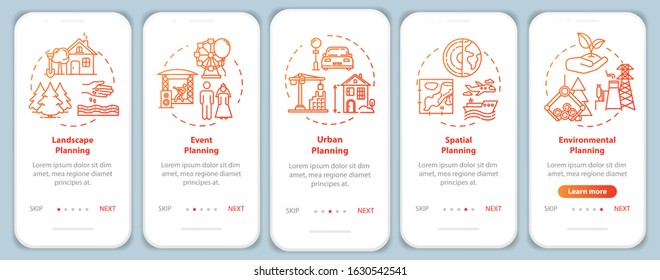 Landscape engineering onboarding mobile app page screen with concepts. Real estate. Event planning walkthrough 5 steps graphic instructions. UI vector template with RGB color illustrations