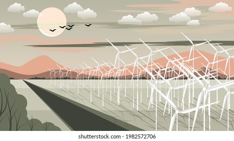 landscape with environmental themes. wind farms in the field near the highway against the background of forest, hills, mountains, sky with the sun, clouds, silhouettes of flying birds. vector 