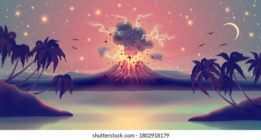 Landscape with eruption from volcano crater, glowing lava, sea, palm trees silhouette against starry evening sky. Digital vector illustration.