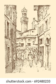 landscape in European town Florence in Italy. engraved hand drawn in old sketch and vintage style. historical architecture with buildings, perspective view. Travel postcard. Palazzo Vecchio.