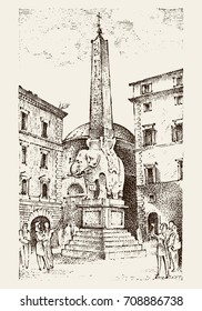 landscape in European town Rome in Italy . engraved hand drawn in old sketch and vintage style. historical architecture with buildings, perspective view. Elephant and Obelisk. Piazza della Minerva.