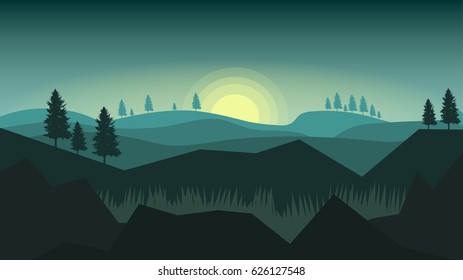 Landscape evening in the mountains. Vector illustration.