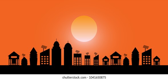 landscape evening view of the city with on sundown background