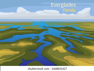 Landscape of Everglades saw grass, water, and clouds in Everglades National Park, Florida, United States, vector illustration