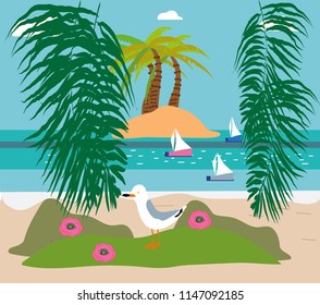 Landscape, exotic island, ppalmsaradise lost in palms, boats and seagull