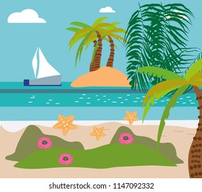 Landscape, exotic island, ppalmsaradise lost in palms, boats and seagull