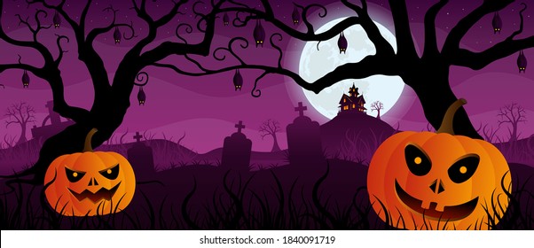Landscape and face pumpkins in graveyard and graves   bats hanging from the trees in silhouette and house top mountain and purple night sky  Vector image