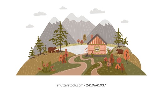 Landscape fairytale house by the lake in the mountains. Isolated vector illustration. For children, for cards, for games, for design