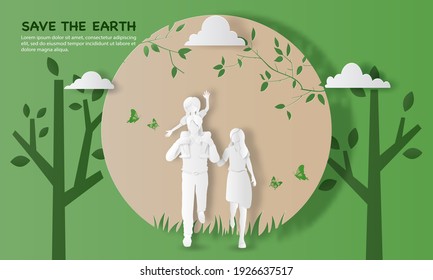 Landscape with family enjoy fresh air in the park, save the planet and energy concept, paper illustration, and 3d paper.