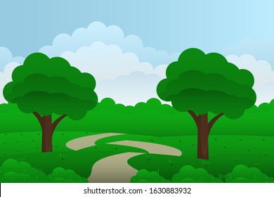 Landscape from fantasy compositions. Sea with mountains and trees in a minimal style. Flat design, vector illustration