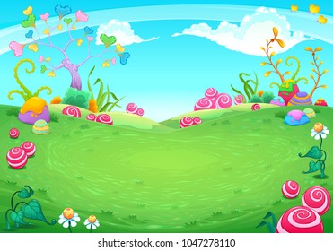 Landscape With Fantasy Natural Elements. Vector Cartoon Illustration