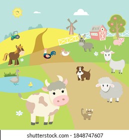 landscape with farm animals. Cow, donkey, sheep, goat, pig, cat, dog, rooster, chicken and goose on the background of a mill, barn and a tractor. Cute cartoon vector illustration in flat style