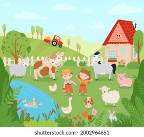 Landscape farm. Cute background with farm animals in a flat style. Children farmers are harvesting crops. Illustration with pets, children, mill, pickup, village house. Vector