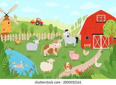 Landscape farm. Cute background with farm animals in a flat style. Illustration with pets cow, horse, pig, goose, rabbit, chicken, goat, sheep, dog, barn, mill, tractor at the ranch. Vector