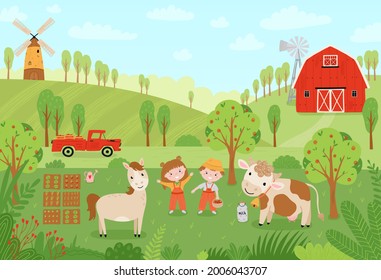 Landscape farm. Cute background with farm animals in a flat style. Children farmers are harvesting crops. Illustration with pets, children, mill, pickup, barn, at the ranch. Vector