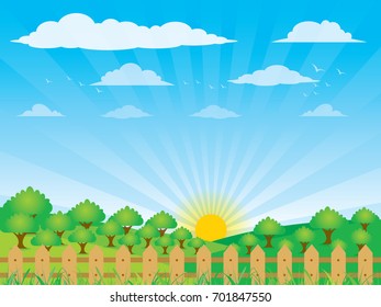 Landscape with farm and fence,Farm flat landscape. Clouds, birds, sky , Vector illustration