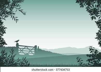 Landscape with Farm Gate and Floral Border and Leaves