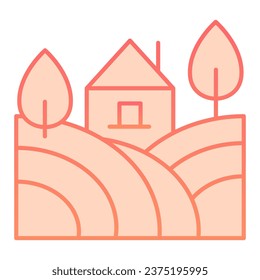 Landscape with farm house and trees line icon. Rural field with home gradient style pictogram on white background. Winery and agriculture signs mobile concept web design. Vector graphics